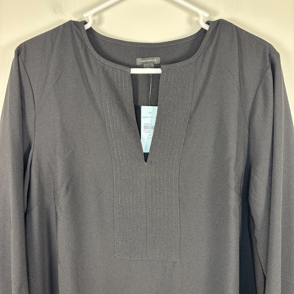 ANN TAYLOR NEW Split Neck Column Dress Womens Petite M Black Long Sleeve